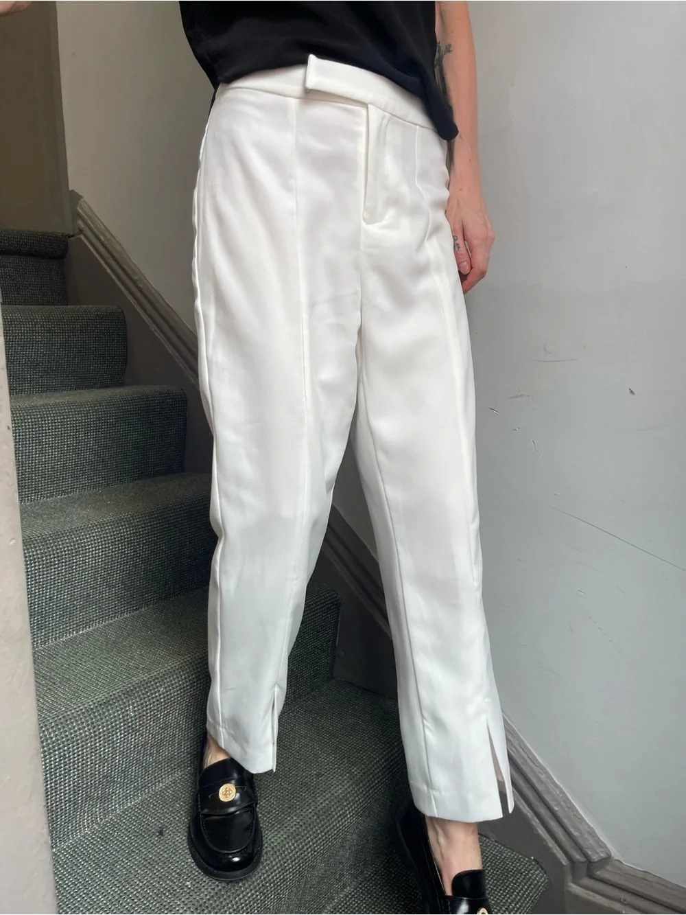 Cropped White Tailored Slit Hem Trousers